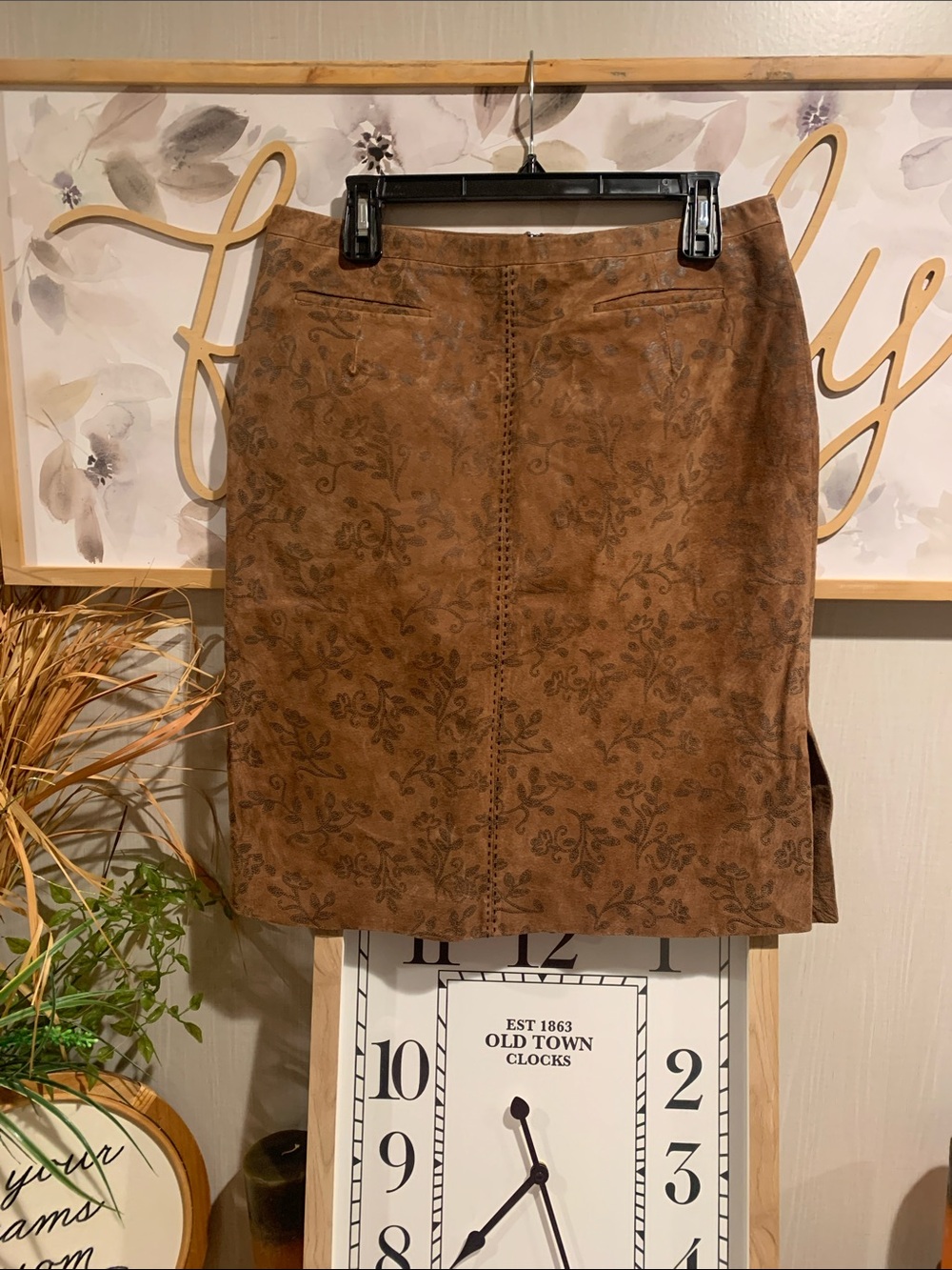 Brown Floral-Embossed Leather Skirt